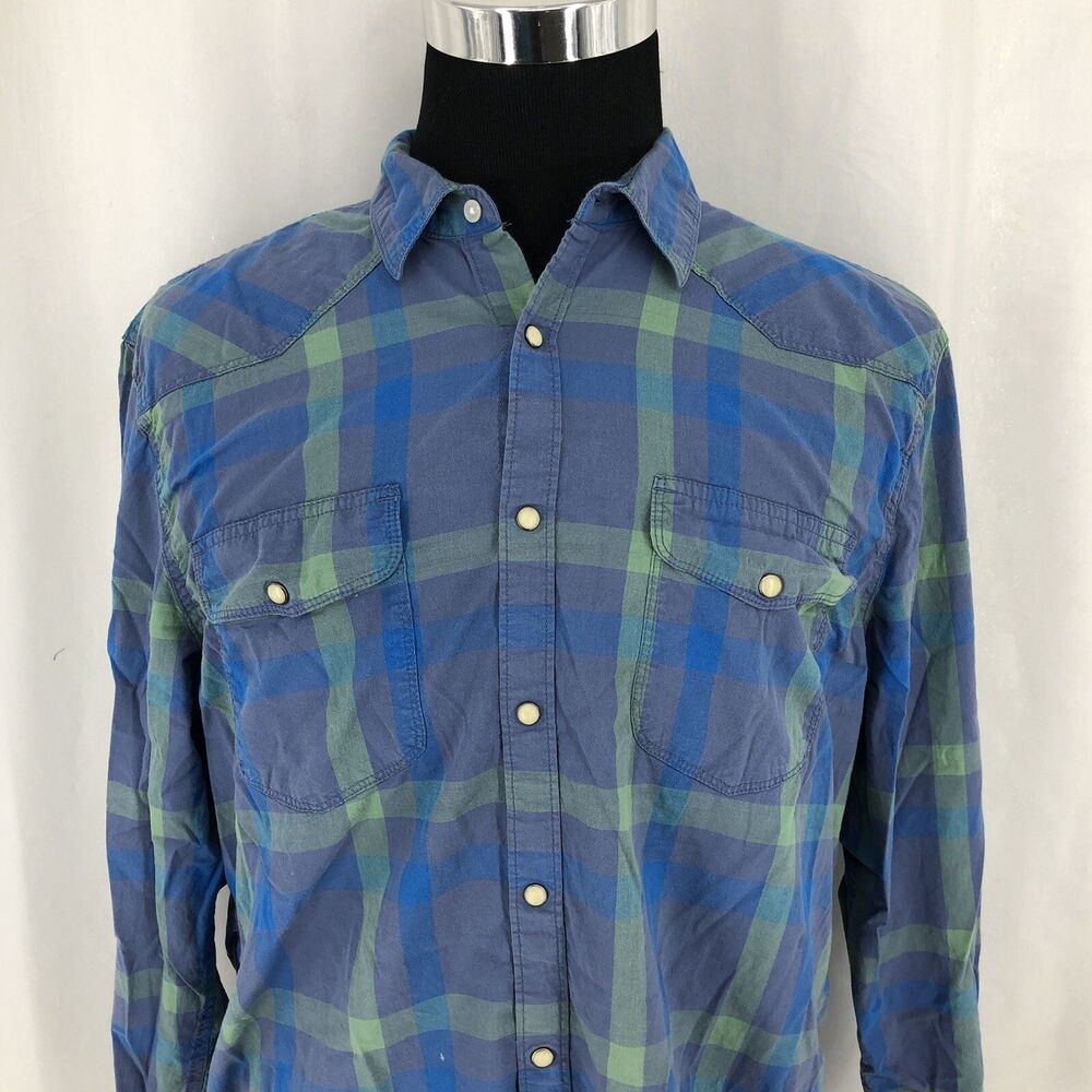 Lucky Brand Saturday Stretch Blue Green Plaid Pearl Snap Western Shirt XL